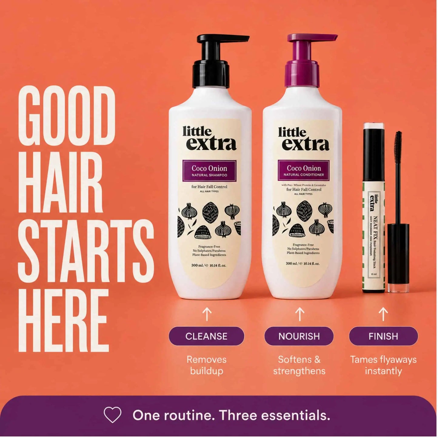 Wash & Style Trio | Coco Onion Shampoo, Conditioner & Hair Finishing Stick