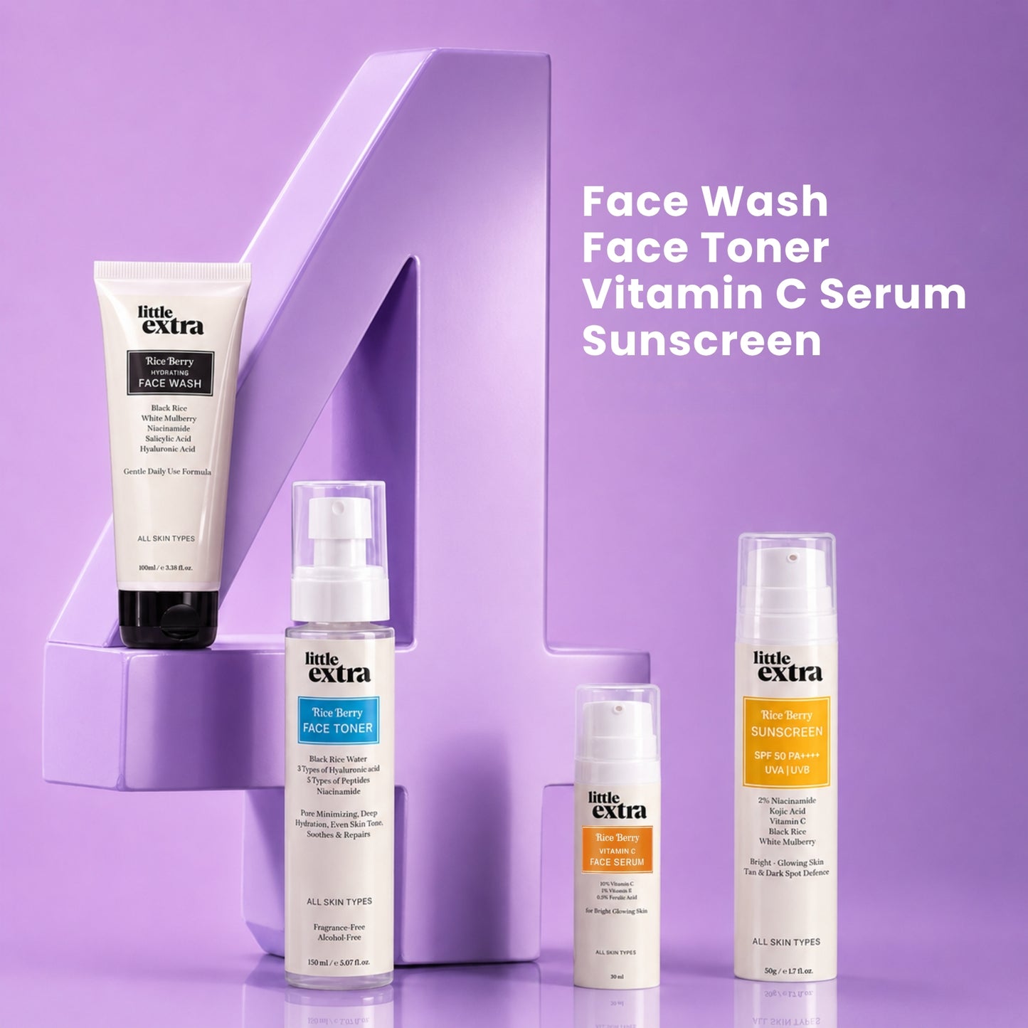 AM Glow Quad  | Rice Berry Face Wash, Toner, Vitamin C Serum & Sunscreen