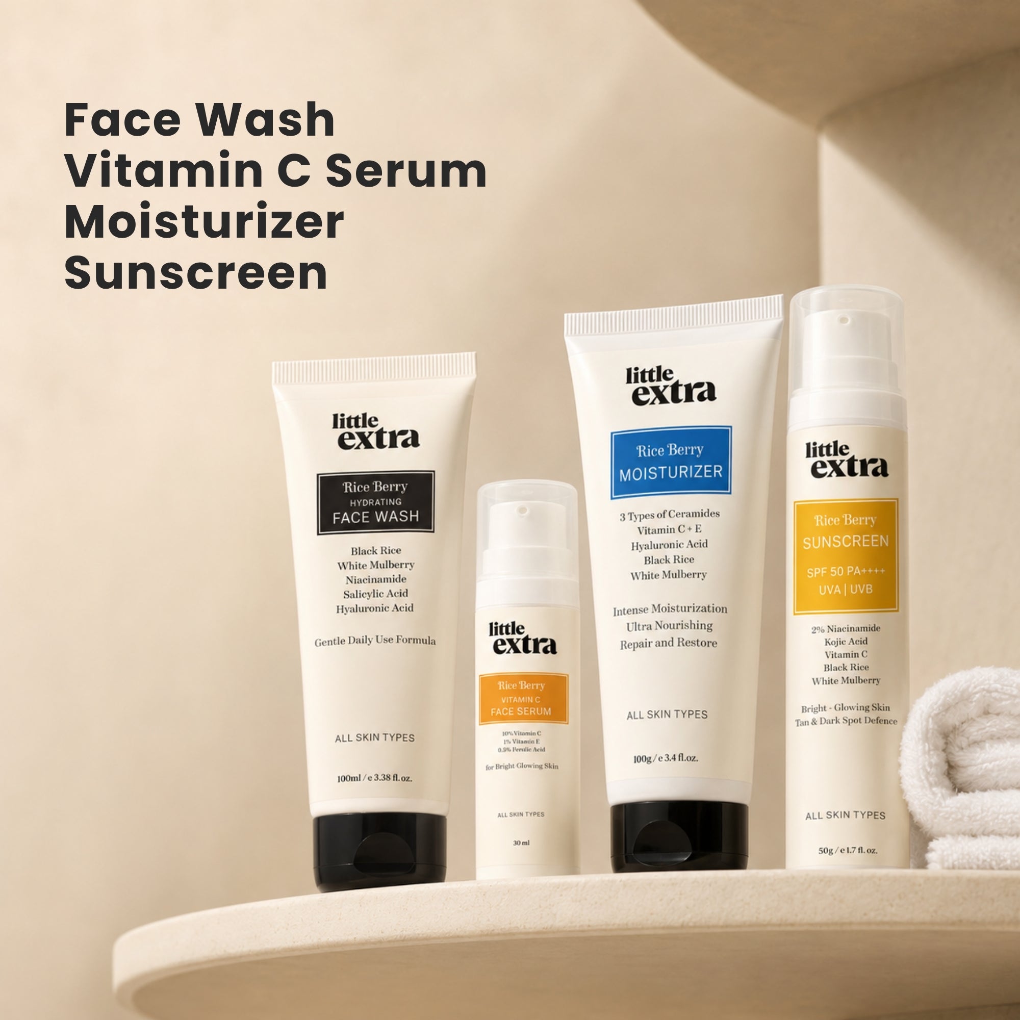 Bright Skin Quad | Rice Berry Face Wash, Vitamin C Serum, Moisturizer & Sunscreen
